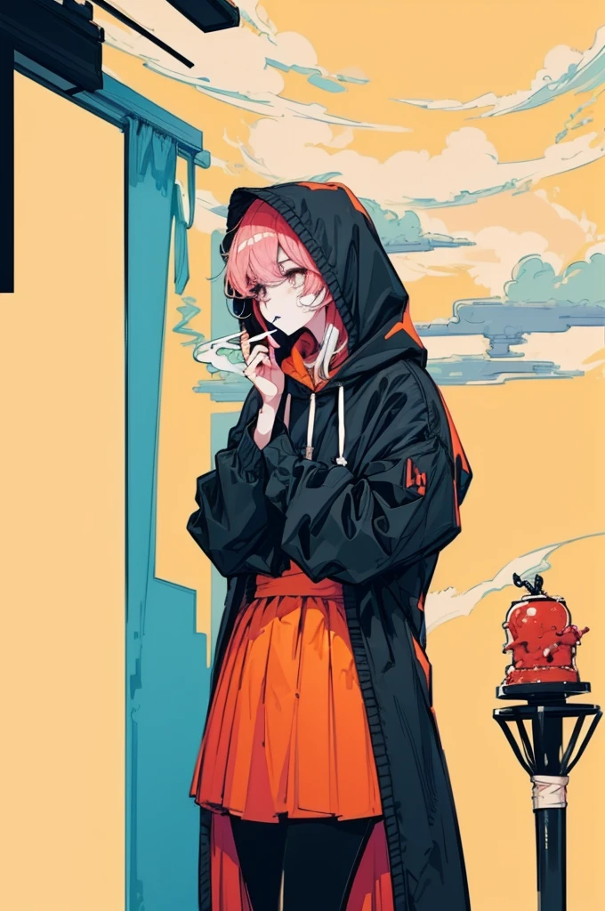 「  BLACK OUTLINE   ,Alone,    1 girl\(cute,     white skin, 青    white skin,(wear ((Simple))   black hood\([No ears]\)Sticks of food  ,Surrender,  解像度up ,   best quality,   Monotony,  High resolution    ,    wallpaper,Golden Ratio,    high realism    ,  color,    holding a lollipop in your left hand ,  removing the lollipop from the mouth  , チュッパチャプスからSticks of foodへ , 純白のSticks of food,Sticks of foodから白煙, Dramatic Lighting,story, Atmospheric landscape , cigarette ,    Stunning Visuals    ,     intricate details  , Strong emotions,   holding grass in the left hand   ,think,   absurd,Thoughtful,A dreamlike world\),  up 」