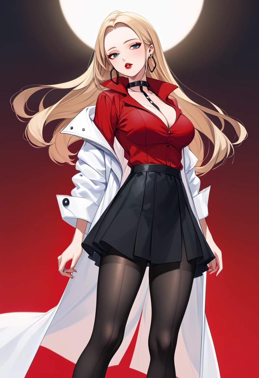 defOleana, long hair, sidelocks, choker, lipstick, hoop earrings, white coat, cleavage, red shirt, black skirt, black pantyhose