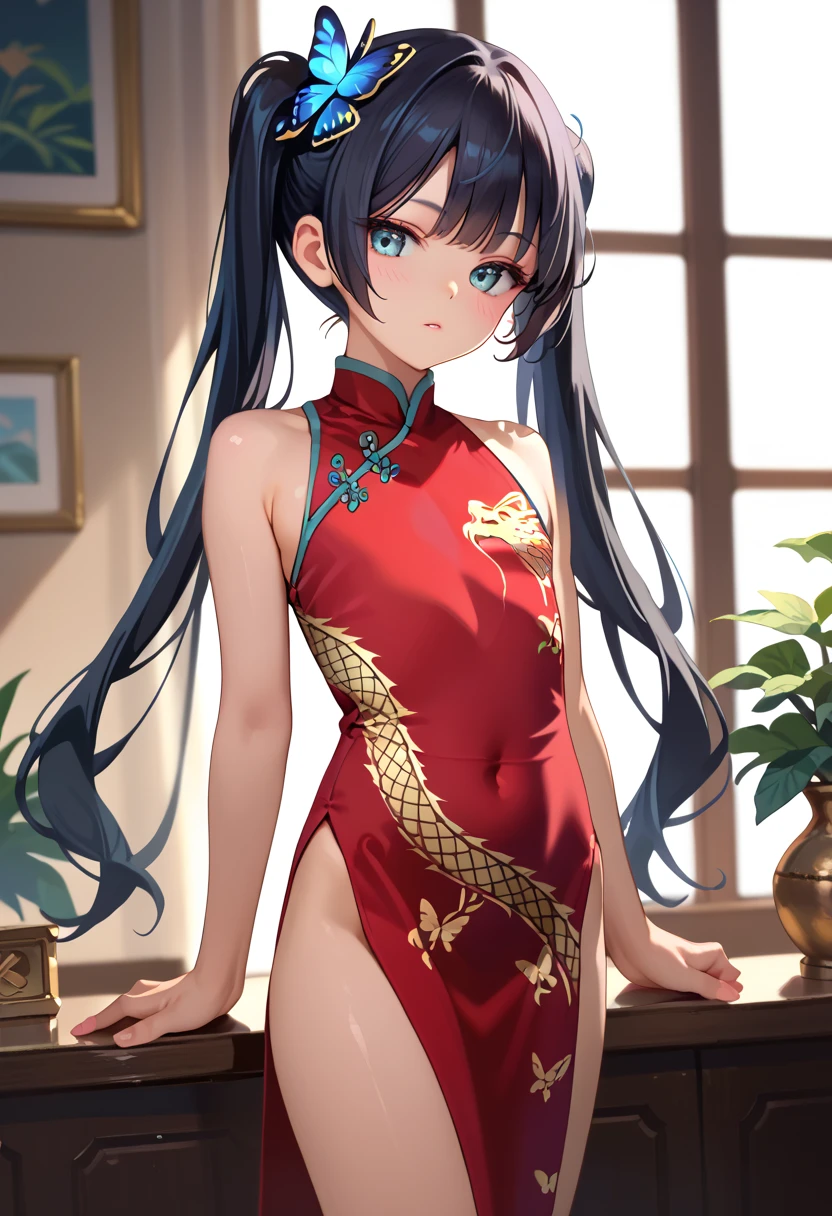 masterpiece,  best quality,  perfect face,  highest resolution, Ryuuge Kisaki,  1 girl, young,  black hair,  twin tails, Butterfly Hair Ornament,  long hair,  flat chested, Chinese Dress , dragon print, Gold embellished dress