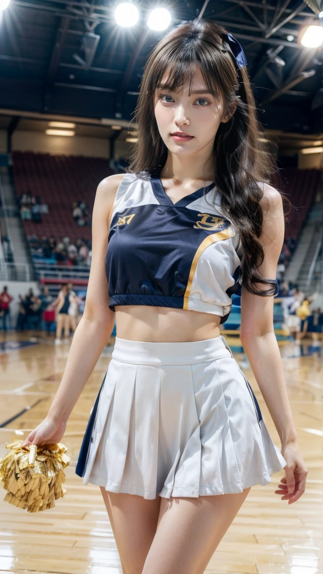 extremely detailed CG unity 8K wallpaper, masterpiece, highest quality, (raw photo, photorealistic:1.3), (depth of field, character focus:1.2), HDR, highest resolution, professional lighting, (correct anatomy, perfect anatomy:1.5), ((from front view:1.3)), pov, 1 girl, (cheerleader:1.5), solo, (Japanese teen, 18 years old:1.4), , ((looking at viewer, cowboy shot:1.5)), ((intricately detailed face, natural skin texture, perfect body:1.4)), black hair, ponytail, ((tan:1.2)), shiny skin, (fairly detailed skin:1.5), ((dark eyes, narrow eyes, beautifully tall nose:1.4)), highly detailed lips, ((tall:1.3)), ((skinny:1.2)), ((beautiful breast:1.4)), (((sleeveless, stomach cutout, naval, mini skirt:1.5))), (((dancing:1.3))), (((outdoor, stadium:1.4)))