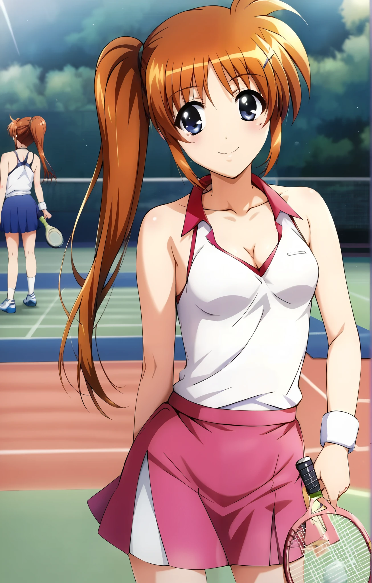 Nanoha, ((cowboy shot)), (white tennis wear:1.2), ( slender ), ( ashamed:1.2), (Red cheeks:1.2), ( bright smile:1.1),  cleavage, ( small breasts), ( Sexy Poses :1.2), (wind lift:1.2), ( tennis court :1.2),  score_9,  score_8_superior,  score_7_superior,  source_anime, (best quality:1.2), 細部までこだわったanime, masterpiece,  high quality, full color, 8k,  high definition , In detail,  fine texture,  high contrast,  natural makeup,  front light , nsfw