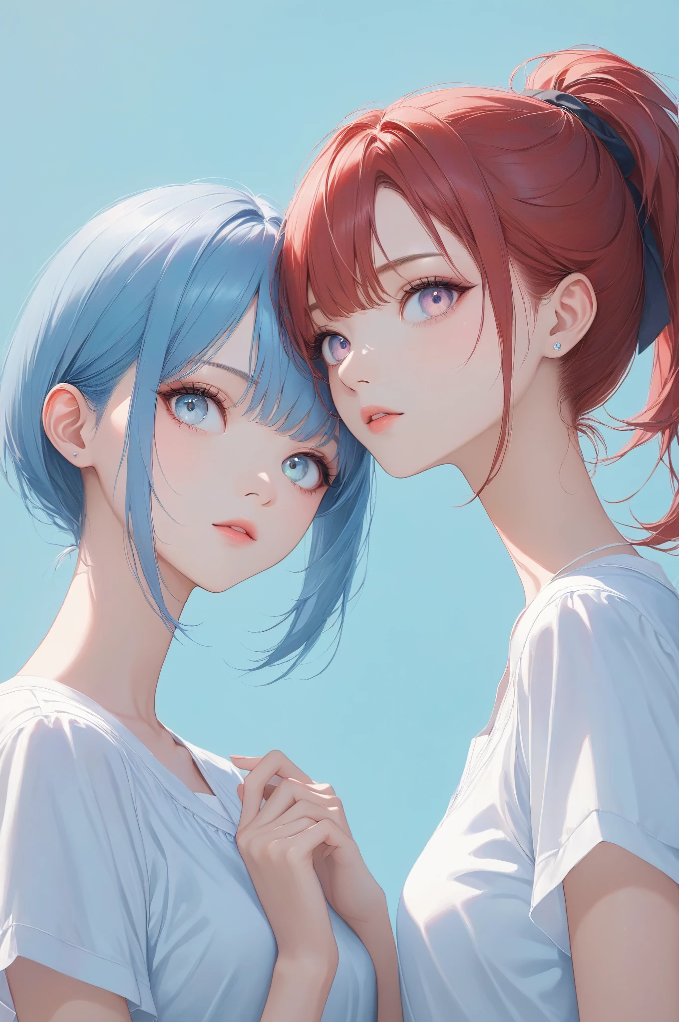 Masterpiece, high quality, high resolution, 16K, ultra detailed background, ultra realistic, digital painting, pastel colors, delicate hair, two girls, girl with red hair in ponytail, girl with short blue hair, beautiful face, long eyelashes, clean skin, thin legs, pretty eyes, school, dramatic angle