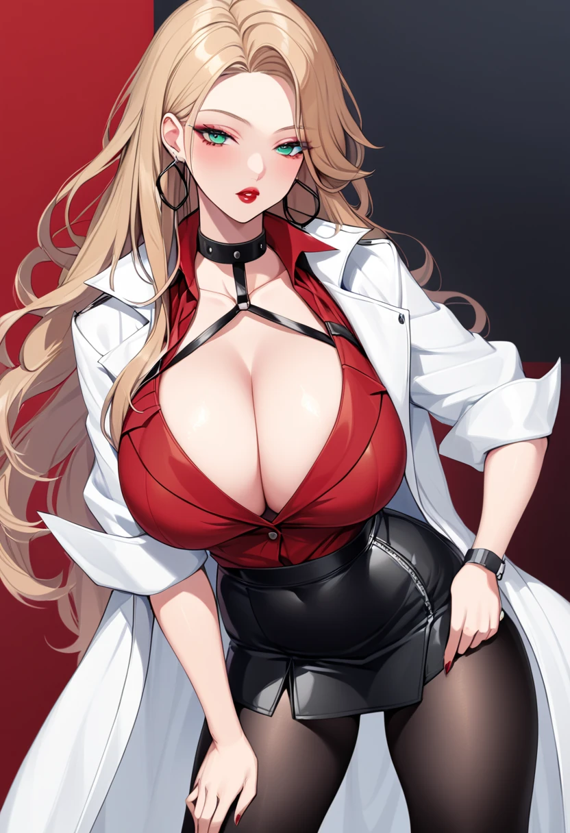  deFoleana , long hair, sidelocks, choker, lipstick, hoop earrings, white coat, cleavage, red shirt, black skirt, black pantyhose, sexy adult woman 、Big Breasts、Bare chest