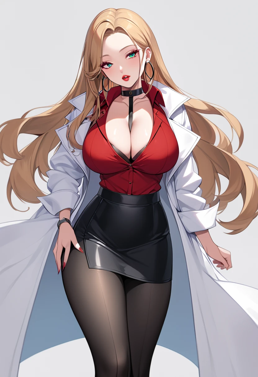  deFoleana , long hair, sidelocks, choker, lipstick, hoop earrings, white coat, cleavage, red shirt, black skirt, black pantyhose, sexy adult woman 、Big Breasts、Bare chest