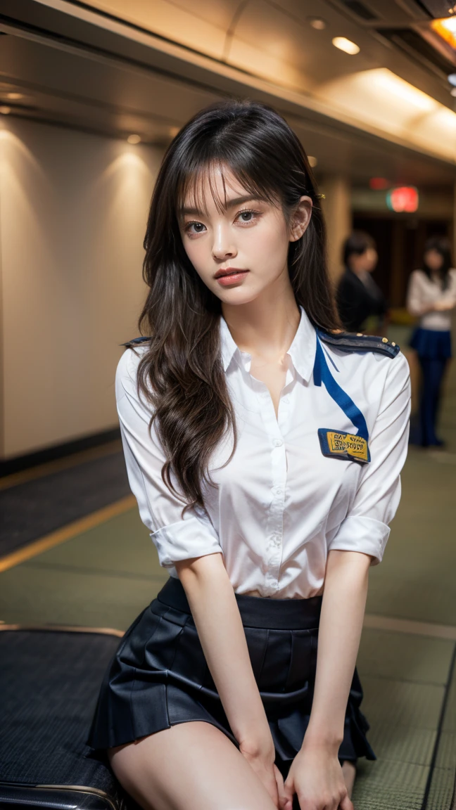 A beautiful, 24-year-old Japanese woman with perfect anatomy, healthy thighs, beautiful legs, beautiful skin, random hair color and style, large breasts, (wearing a flight attendant uniform with a mini-skirt:1.3), full body shot, pumps, carrying a suitcase, at the airport, (best quality,4k,8k,highres,masterpiece:1.3),(extremely detailed:1.2),realistic,photorealistic,photo-realistic:1.37,professional,vivid colors, studio lighting, yamamotosayaka