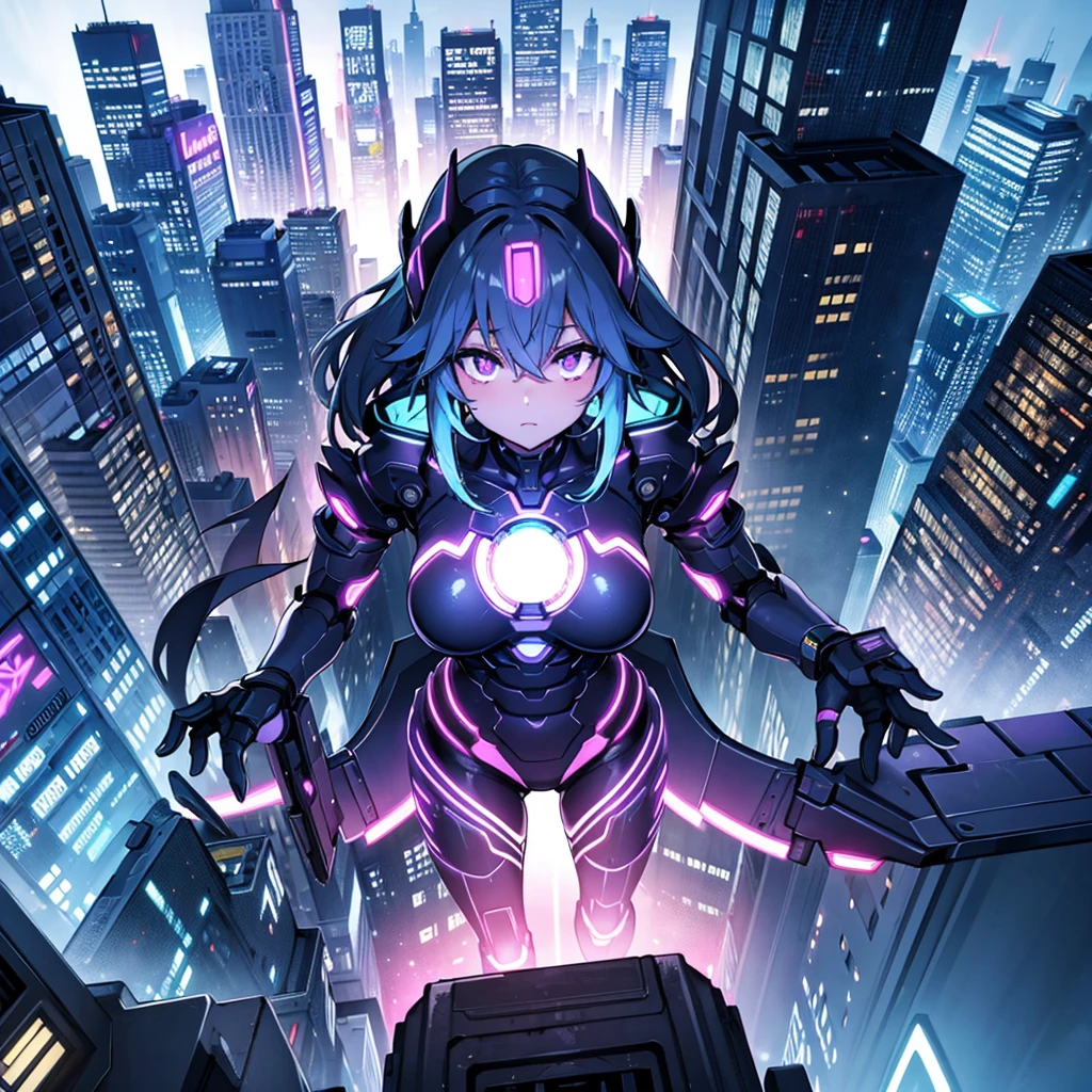 futuristic girl, purple colored eyes, space, purple hair, pink hair, long hair, furry, cat ears, tight suit, stretch marks, holding Earth, huge tits, giantess