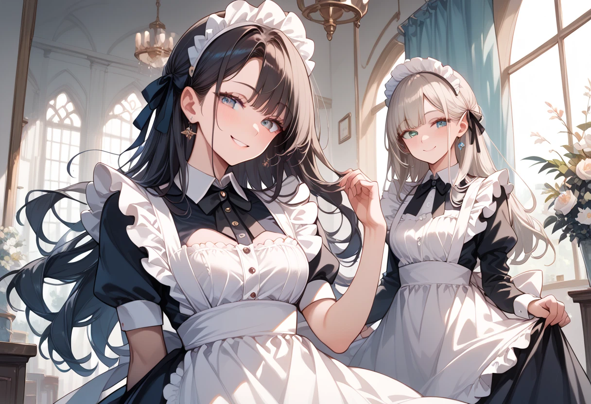 (masterpiece, best quality, ultra detailed, high resolution, detailed facial description), (2 older female:1.2), (black long hair:1.2), (maid, maid headdress, maid apron), (white lace trimmed panties, white garter belt), (light makeup:1.1), (light smile, seductive smile, blush)