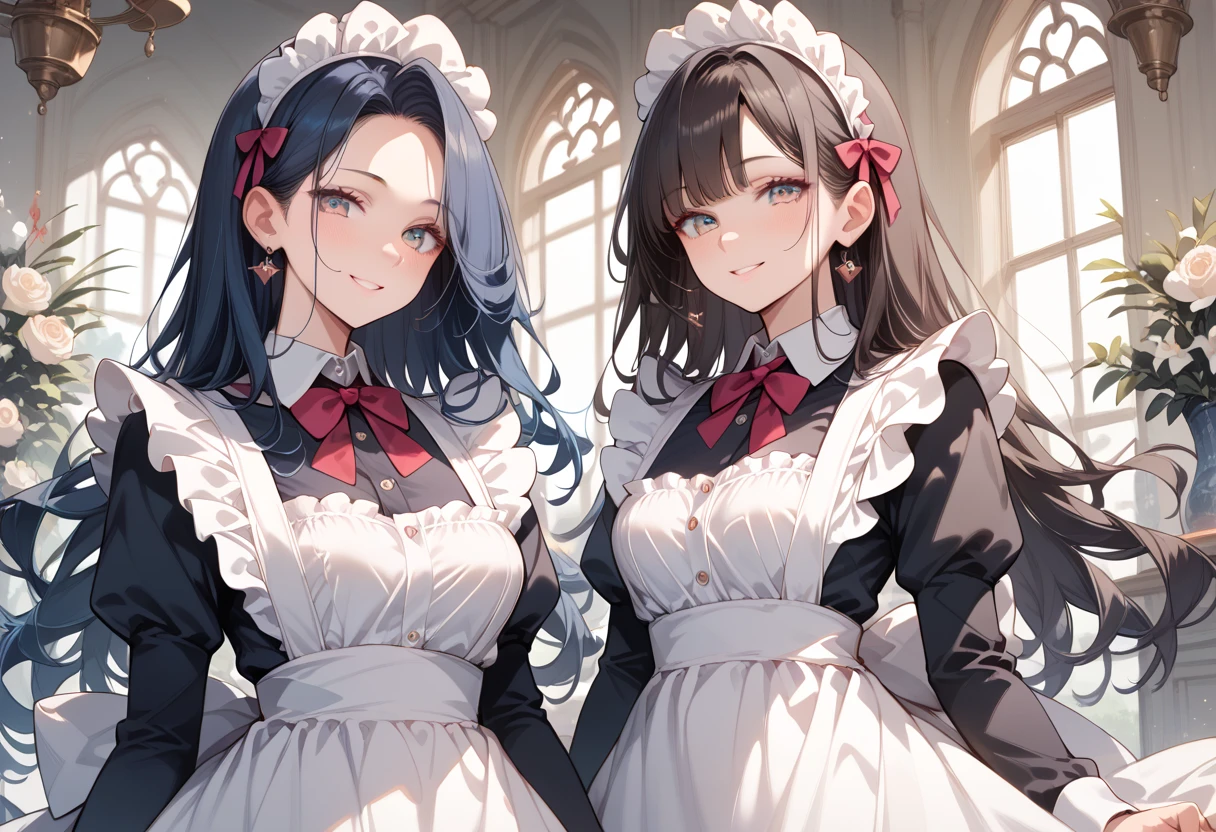 (masterpiece, best quality, ultra detailed, high resolution, detailed facial description), (2 older female:1.2), (black long hair:1.2), (maid, maid headdress, maid apron), (white lace trimmed panties, white garter belt), (light makeup:1.1), (light smile, seductive smile, blush)