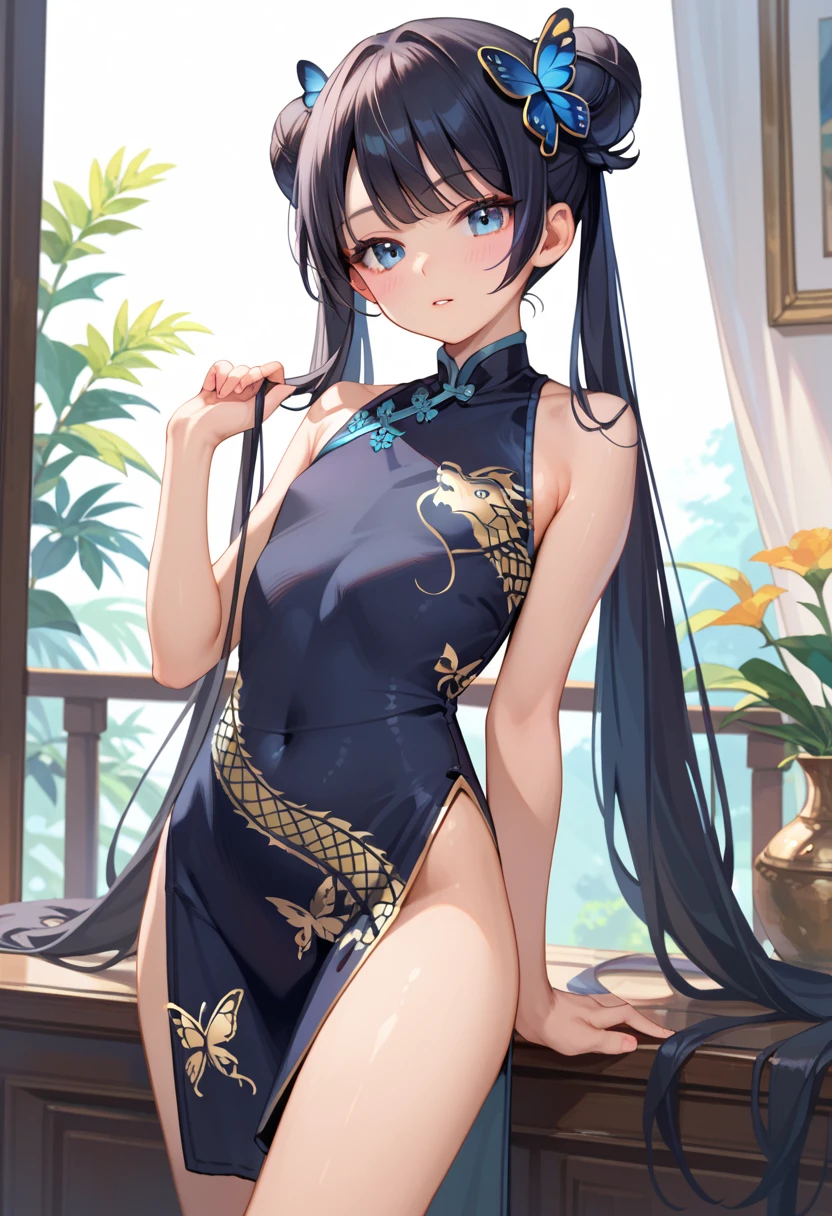 masterpiece,  best quality,  perfect face,  highest resolution, Ryuuge Kisaki,  1 girl, young,  black hair,  bun hair ,  twin tails, Butterfly Hair Ornament,  long hair,  flat chested, Chinese Dress , dragon print, Gold embellished dress