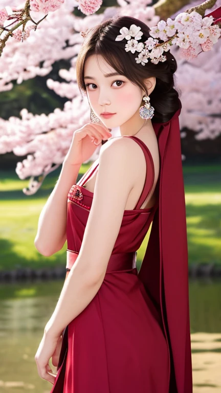 Create a breathtaking digital illustration of an elegant and ethereal young woman with long, flowing white hair styled in loose waves and partially tied up in a sophisticated updo adorned with intricate red floral and tassel hair ornaments. Her pale, porcelain-like skin is highlighted by soft, natural blush on her cheeks, giving her a delicate, graceful appearance. She wears a traditional red hanfu or kimono-like dress intricately embroidered with floral patterns and fine details that accentuate her regal and refined aura. Long, dangling earrings complement the ornate hairpieces, featuring delicate red and gold accents.

The background is a serene, dreamy landscape filled with cherry blossom trees in full bloom, their soft pink petals scattered in the gentle breeze. The atmosphere is warm and bathed in soft light, casting a magical glow over the entire scene. The focus is on the woman as she gazes off to the side with an expression of quiet contemplation and elegance, blending seamlessly with the surrounding beauty of nature. This creates a harmonious composition that exudes a sense of tranquility and timeless grace.