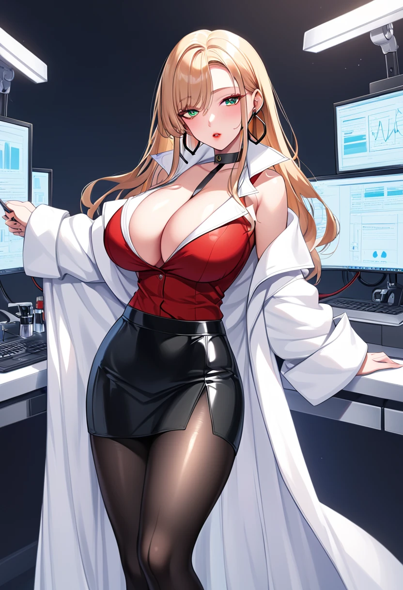  deFoleana , long hair, sidelocks, choker, lipstick, hoop earrings, white coat, cleavage, red shirt, black skirt, black pantyhose, sexy adult woman 、Big Breasts、Bare chest、 shiny skin with knees、Clean & Clean Lab