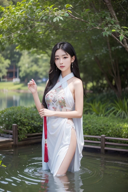 realistic Photography. A girl lavitating on the lake. She is wearing a beautiful female warrior costume. She is holding an ancient Chinese umbrella. Her long hair is beautiful. Her dress and hair are swaying in the wind. Ginkgo biloba leaves falling in the wind. Create a serene and mystical scene set in ancient China. In the foreground, a beautifully crafted wooden bridge with intricately carved red handrails spans a tranquil lake. The bridge is adorned with traditional Chinese architectural details, including ornate carvings and a gently curved design. In the middle of the lake, a young girl is floating gracefully, her body slightly elevated above the water's surface. She wears a flowing, silk hanfu in soft pastel colors, adorned with delicate embroidery. Her long, dark hair cascades down her back, and she has a serene, almost ethereal expression on her face. The lake is surrounded by lush greenery, with willow trees draping their branches over the water, creating a sense of harmony with nature. In the background, misty mountains rise majestically, adding depth and a sense of vastness to the scene. The sky is a soft, clear blue, with a few wisps of clouds, enhancing the peaceful and timeless atmosphere. Character Profile: Name: Naree "Nara" Srisawat Age: 23 Background: Nara is a rising star in the international fashion world, hailing from Bangkok, Thailand. Known for her striking features, graceful poise, and versatile style, she has quickly become a sought-after model for high-end fashion brands. Beyond her modeling career, Nara has a deep appreciation for traditional Thai culture and martial arts, which she incorporates into her personal style and photoshoots. Appearance: Height: 5'9" Build: Slim and athletic Hair: Long, glossy black hair, often styled in elegant updos or flowing freely Eyes: Deep, expressive brown eyes Skin: Smooth, radiant complexion