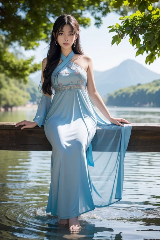 realistic Photography. A girl lavitating on the lake. She is wearing a beautiful female warrior costume. She is holding an ancient Chinese umbrella. Her long hair is beautiful. Her dress and hair are swaying in the wind. Ginkgo biloba leaves falling in the wind. Create a serene and mystical scene set in ancient China. In the foreground, a beautifully crafted wooden bridge with intricately carved red handrails spans a tranquil lake. The bridge is adorned with traditional Chinese architectural details, including ornate carvings and a gently curved design. In the middle of the lake, a young girl is floating gracefully, her body slightly elevated above the water's surface. She wears a flowing, silk hanfu in soft pastel colors, adorned with delicate embroidery. Her long, dark hair cascades down her back, and she has a serene, almost ethereal expression on her face. The lake is surrounded by lush greenery, with willow trees draping their branches over the water, creating a sense of harmony with nature. In the background, misty mountains rise majestically, adding depth and a sense of vastness to the scene. The sky is a soft, clear blue, with a few wisps of clouds, enhancing the peaceful and timeless atmosphere. Character Profile: Name: Naree "Nara" Srisawat Age: 23 Background: Nara is a rising star in the international fashion world, hailing from Bangkok, Thailand. Known for her striking features, graceful poise, and versatile style, she has quickly become a sought-after model for high-end fashion brands. Beyond her modeling career, Nara has a deep appreciation for traditional Thai culture and martial arts, which she incorporates into her personal style and photoshoots. Appearance: Height: 5'9" Build: Slim and athletic Hair: Long, glossy black hair, often styled in elegant updos or flowing freely Eyes: Deep, expressive brown eyes Skin: Smooth, radiant complexion