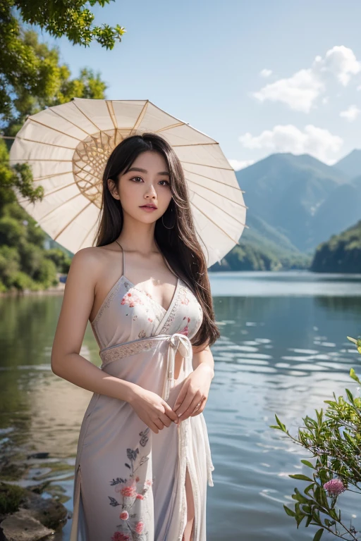 realistic Photography. A girl lavitating on the lake. She is wearing a beautiful female warrior costume. She is holding an ancient Chinese umbrella. Her long hair is beautiful. Her dress and hair are swaying in the wind. Ginkgo biloba leaves falling in the wind. Create a serene and mystical scene set in ancient China. In the foreground, a beautifully crafted wooden bridge with intricately carved red handrails spans a tranquil lake. The bridge is adorned with traditional Chinese architectural details, including ornate carvings and a gently curved design. In the middle of the lake, a young girl is floating gracefully, her body slightly elevated above the water's surface. She wears a flowing, silk hanfu in soft pastel colors, adorned with delicate embroidery. Her long, dark hair cascades down her back, and she has a serene, almost ethereal expression on her face. The lake is surrounded by lush greenery, with willow trees draping their branches over the water, creating a sense of harmony with nature. In the background, misty mountains rise majestically, adding depth and a sense of vastness to the scene. The sky is a soft, clear blue, with a few wisps of clouds, enhancing the peaceful and timeless atmosphere. Character Profile: Name: Naree "Nara" Srisawat Age: 23 Background: Nara is a rising star in the international fashion world, hailing from Bangkok, Thailand. Known for her striking features, graceful poise, and versatile style, she has quickly become a sought-after model for high-end fashion brands. Beyond her modeling career, Nara has a deep appreciation for traditional Thai culture and martial arts, which she incorporates into her personal style and photoshoots. Appearance: Height: 5'9" Build: Slim and athletic Hair: Long, glossy black hair, often styled in elegant updos or flowing freely Eyes: Deep, expressive brown eyes Skin: Smooth, radiant complexion