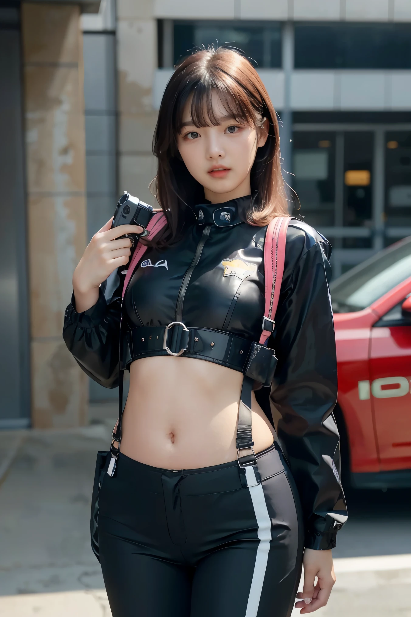 (Highest image quality, outstanding details, ultra-high resolution), (realism: 1.4), favor details, highly condensed 1 beautiful Korean girl, with a delicate and beautiful face, ((cowboy shot)), (a bit chubby:0.4), (wearing black racing suit likes police uniform, black and pink mecha pants, wearing military harness, holding a machinegun), background simple grey concrete,
