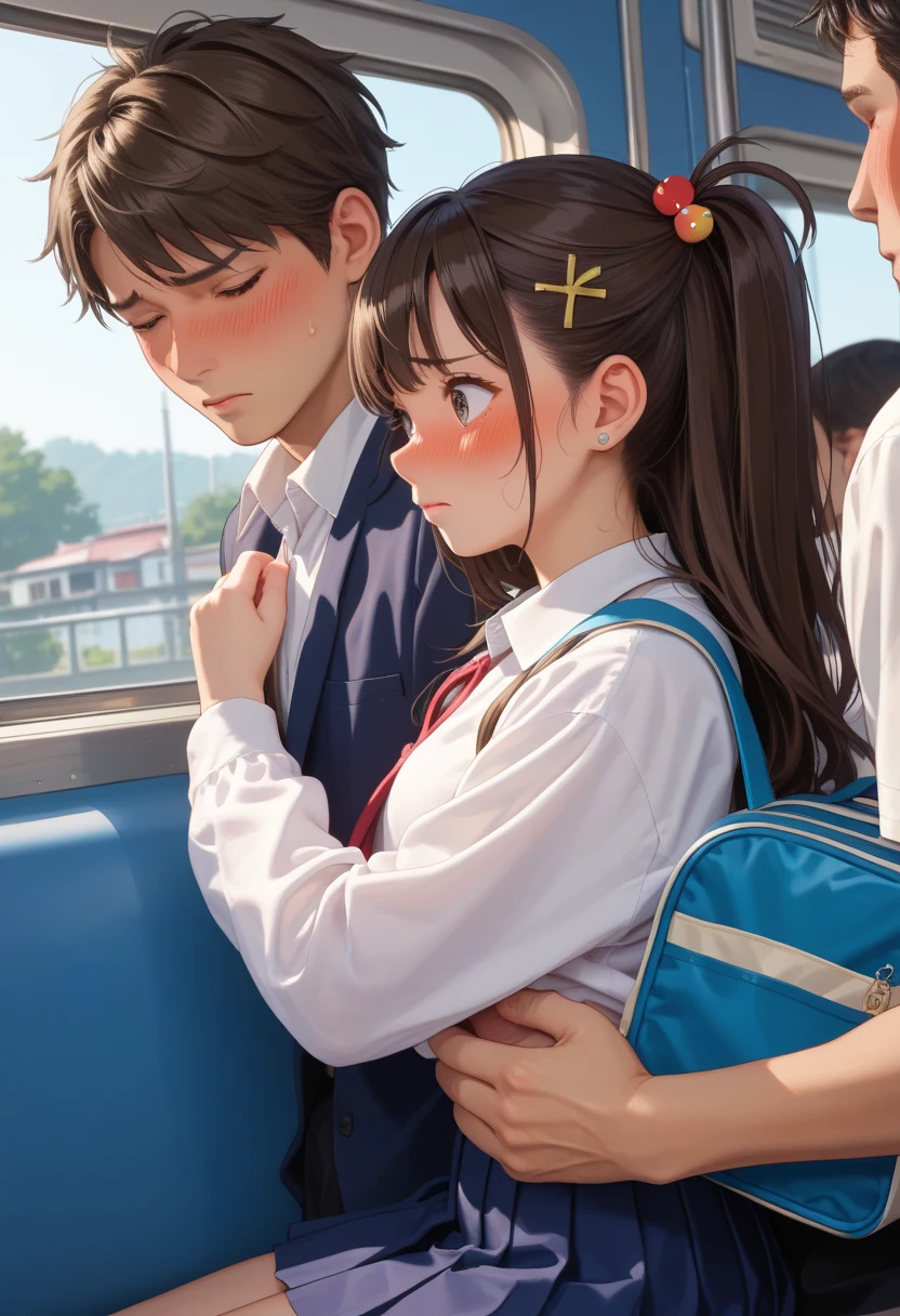 score_9, score_8_up, score_7_up, (nsfw, molester, in the train), 1girl, (16years old, Japanese school girl), (dark brown hair, hair pin), White shirt blouse, pleated skirt, (embarrassed expression, blush), BREAK 1man, (exhibitionism, flashing penis)