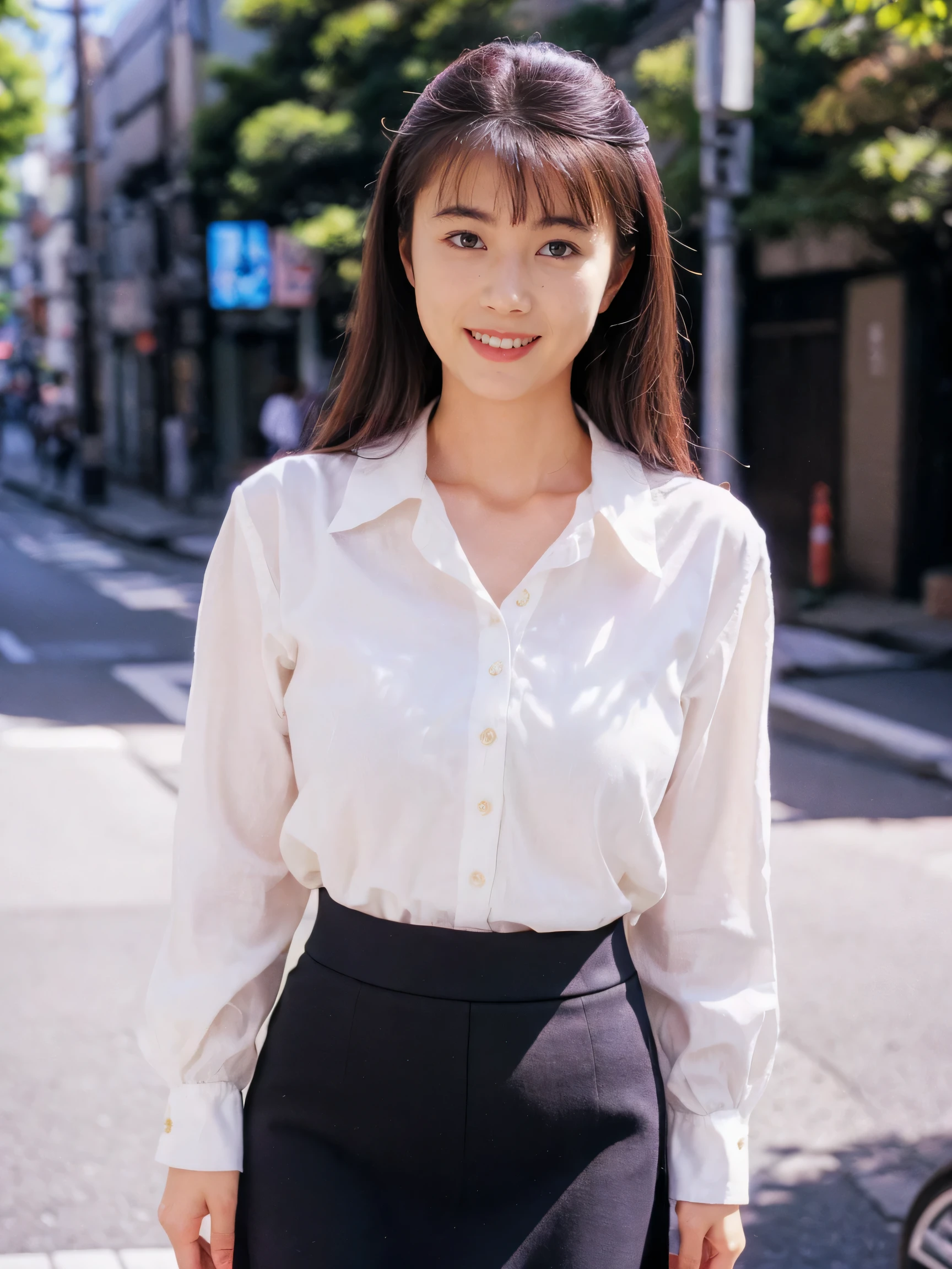 Very detailed CG Unity 8k Wallpaper, Best Quality, Very detailed, masterpiece, Realistic, photo Realistic, Very detailedかわいい女の子,(blouse_skirt:1.2), Red cheeks, View your audience , upper body ,smile, (On a street corner in Tokyo) ,Standing in honor