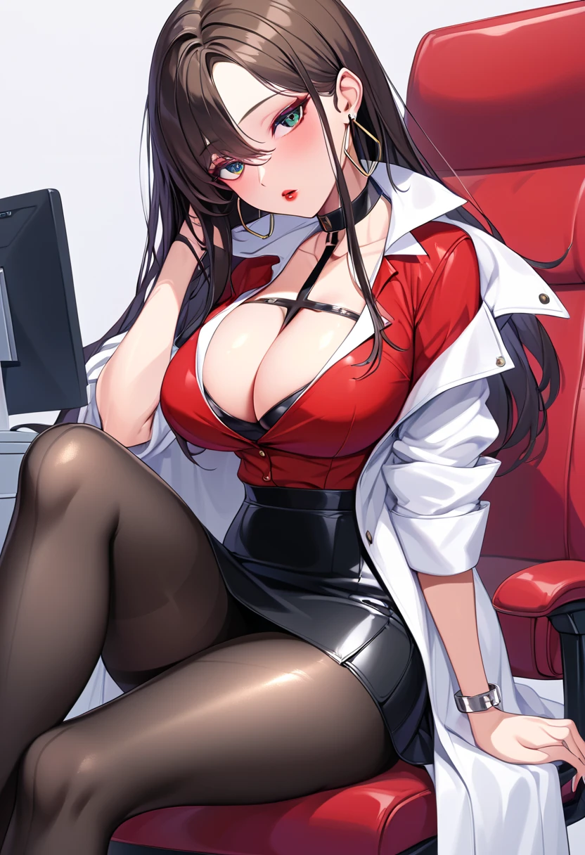  deFoleana , long hair, sidelocks, choker, lipstick, hoop earrings, white coat, cleavage, red shirt, black skirt, black pantyhose, sexy adult woman 、Big Breasts、Bare chest、 shiny skin with knees、Sit on a chair and cross your legs、Clean & Clean Lab