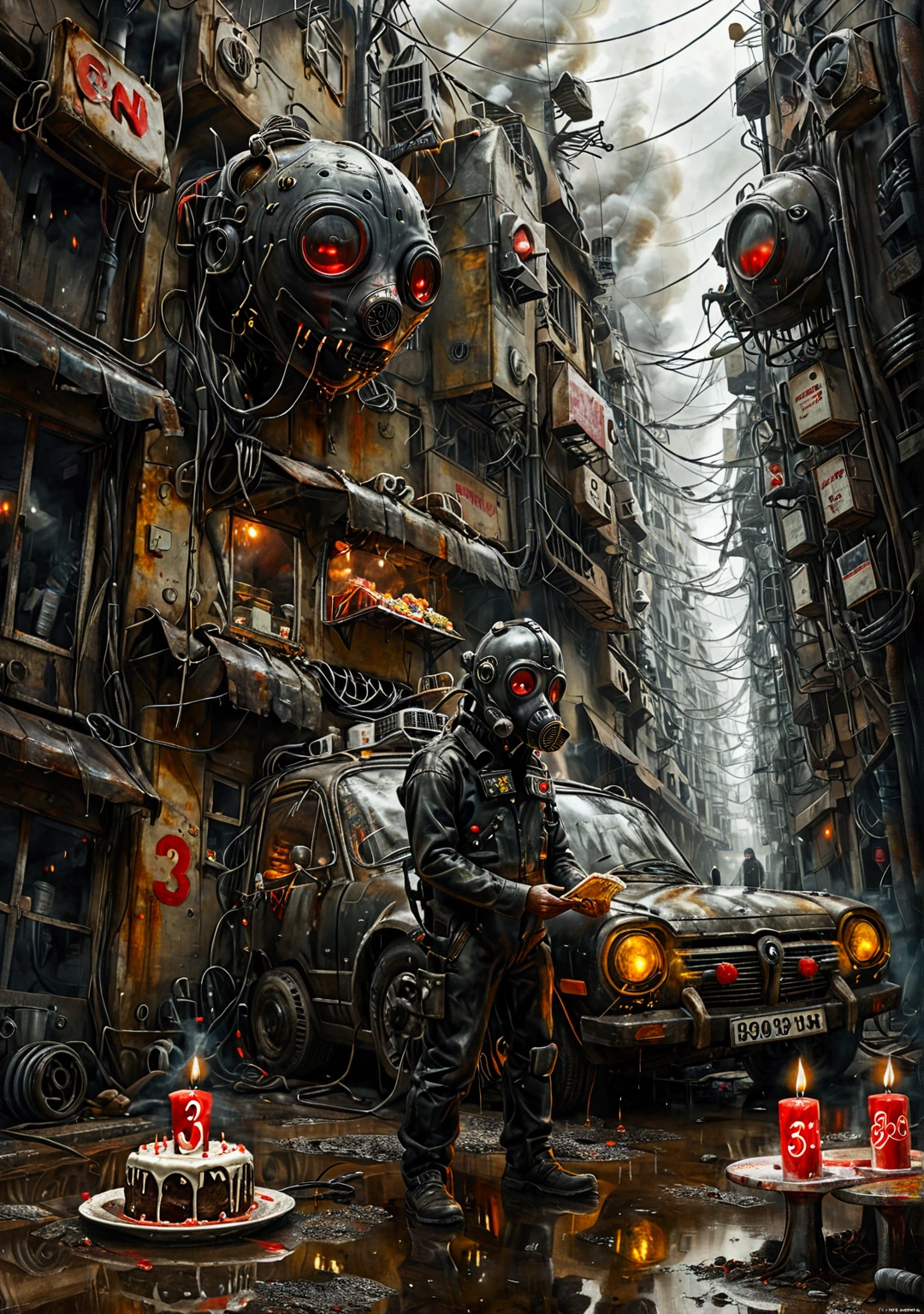 sci-fi dystopian road side street food shop with a man in gas mask celebrating his birthday with a cake and a candle shaped in number 23 cake alone, lots of sophisticated factory machines and wires dumped on road, dystopian vehicle parked, steam and smoke, fog, hyper realistic, professional photography, intricate extreme details, dark colors, moody tone, award winning, masterpiece, dark environment, award winning, 80mm