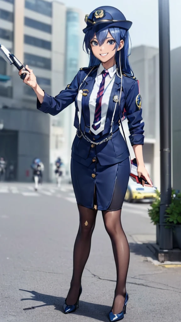   Masterpiece  、8k、 realistic 、超 high definition 、  so delicate and beautiful、 high definition 、 movie lighting、Mid-range shooting、 perfect female body、 beautiful woman、  mature mature 、  beautiful eyes 、Streetscape、((( naughty smile , ((( sadistic smile ))),( long hair:1.8、 blue hair)、(( Female police officer :1.4、紺色の Female police officer 、 Female police officer の制帽、 Uniform Buttons 、 navy blue tie 、 uniform jacket 、White handbag))、 pantyhose、  Pencil Skirt 、 Stiletto Heel Pumps、Police Badge、Epaulettes、