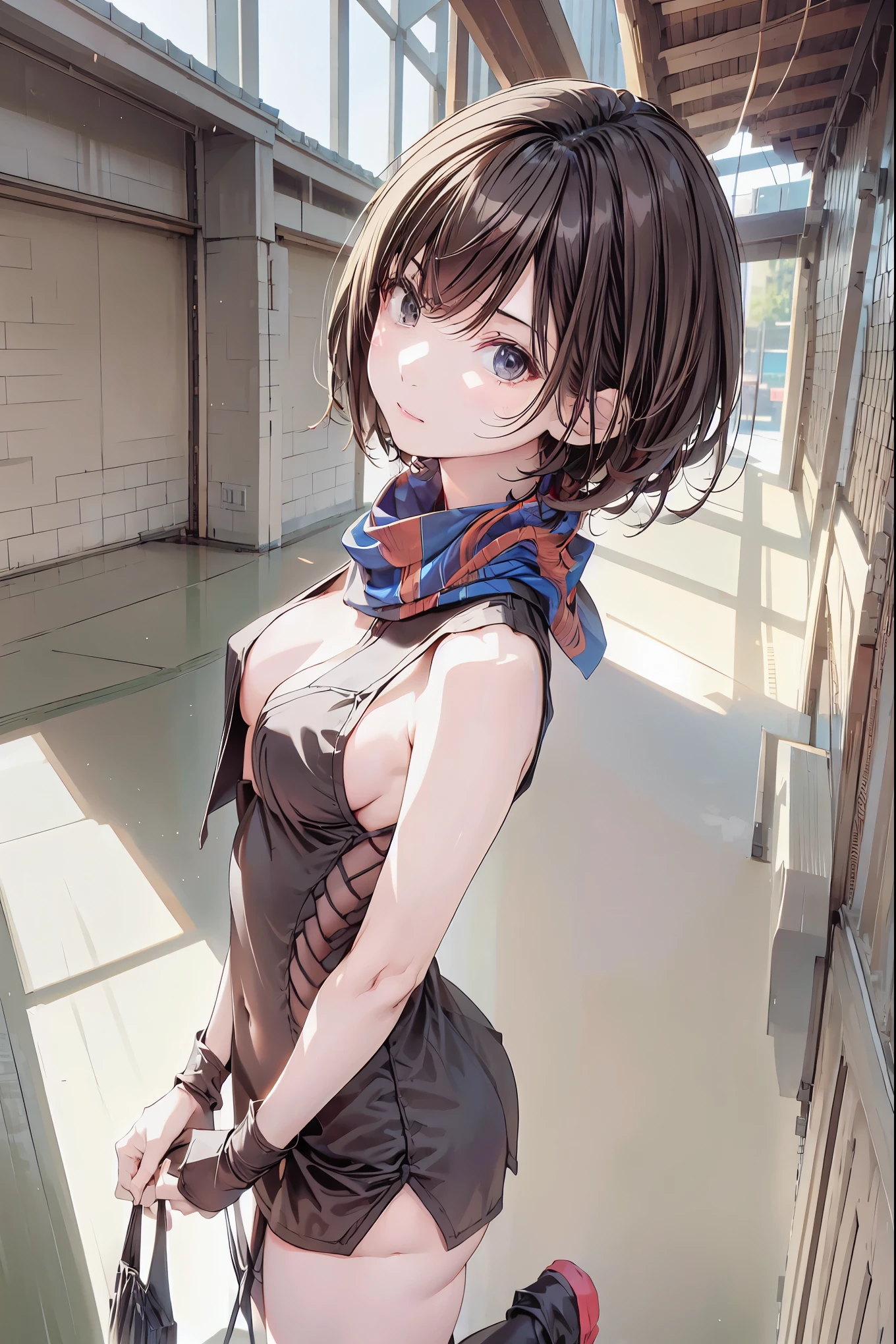 (masterpiece), (best quality:1.1), (ultra-detailed:1.1), (an extremely delicate and beautiful), (best irritability:1.2),1 girl,  A dark-haired、Longhaire、long bangs、Blue inner hair color、small tits、(short overalls, nude, see-through:1.5),high-level image quality、full body, simple_black_background