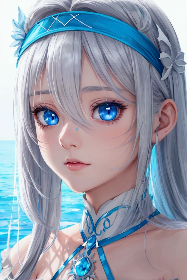 drawing of a woman with blue eyes and a headband,  Girl with white eyes , Pointed face and gray eyes, detailed Anime Girl Portrait,  awesome anime face portrait, Soft anime illustration , face animated portrait, detailed big eyes , portrait of an anime girl, Anime Girl Portrait,  soft face of detailed anime ,  big and detailed eyes , animated portrait,  detailed anime face ,  coloring detailed face with light blue colors and light blue eyes, hair with transparent water effect 3d 