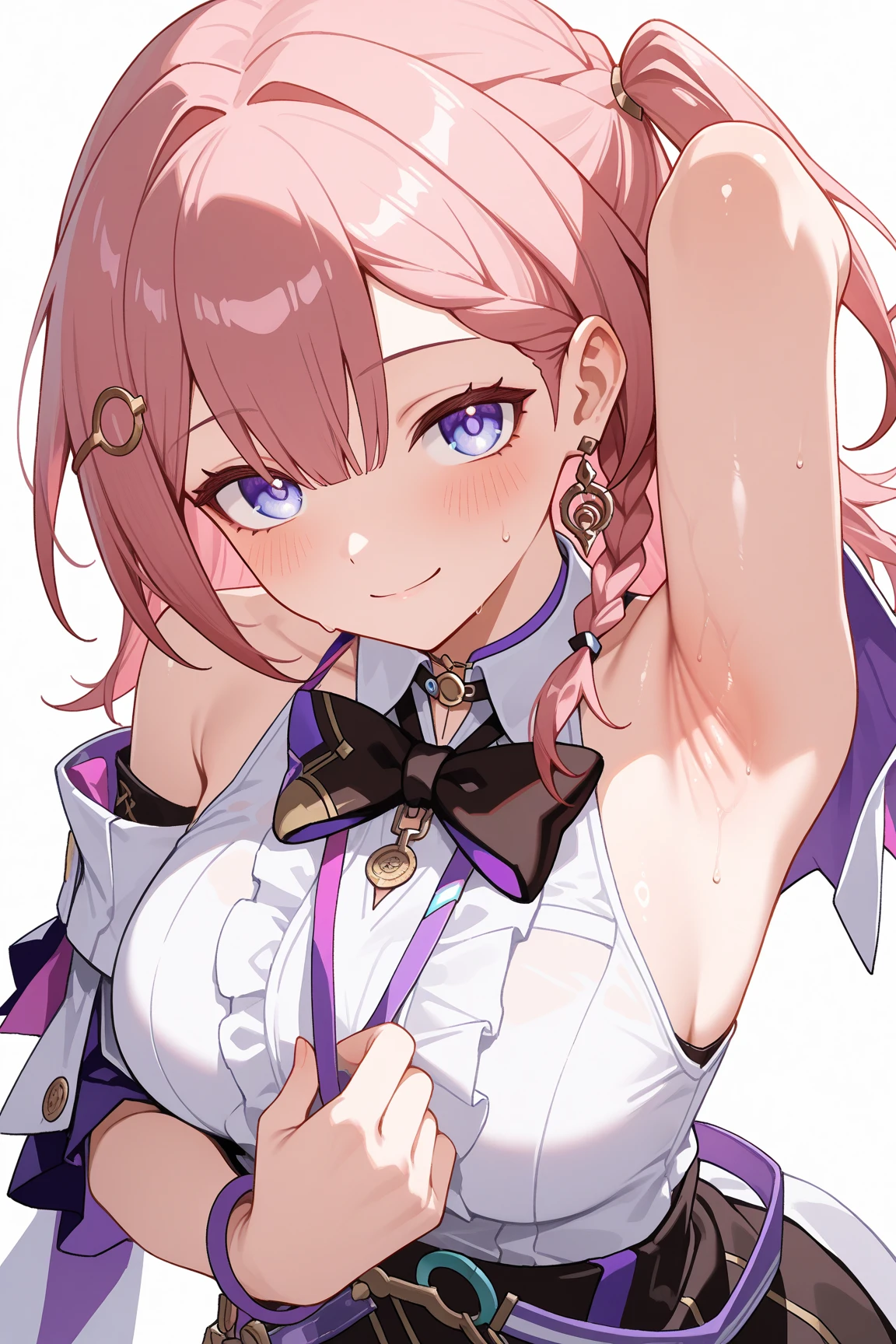 1girl, asta, honkai star rail, blush, seductive smile, sweat drop, leaning, looking at viewer, pulling side clothes, 1 hand behind head, show armpits, shiny skin,

Masterpiece, best quality, newest, intricate details, 