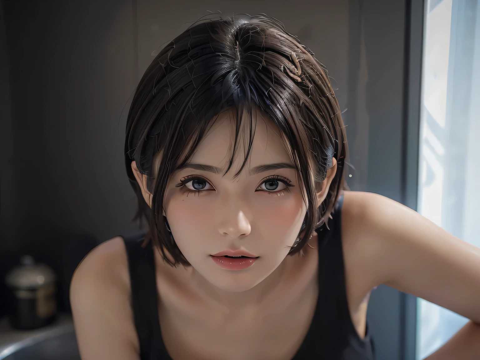 High resolution, breasts, short hair, black hair, Red eyes, Closed mouth, headphones, masterpiece, The best quality, 