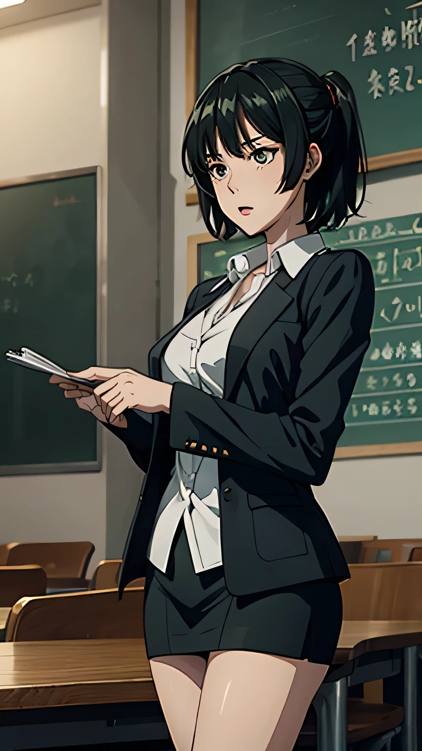 anime、 high image quality、 high definition 、 one woman、 slender figure、 with a wide open chest 、Standing beside a large blackboard、White short jacket、Black underwear、 Green Mini Skirt 、 relieved expression in the vineyard、University lecture scene、 with her hair fluttering like、old university auditorium、