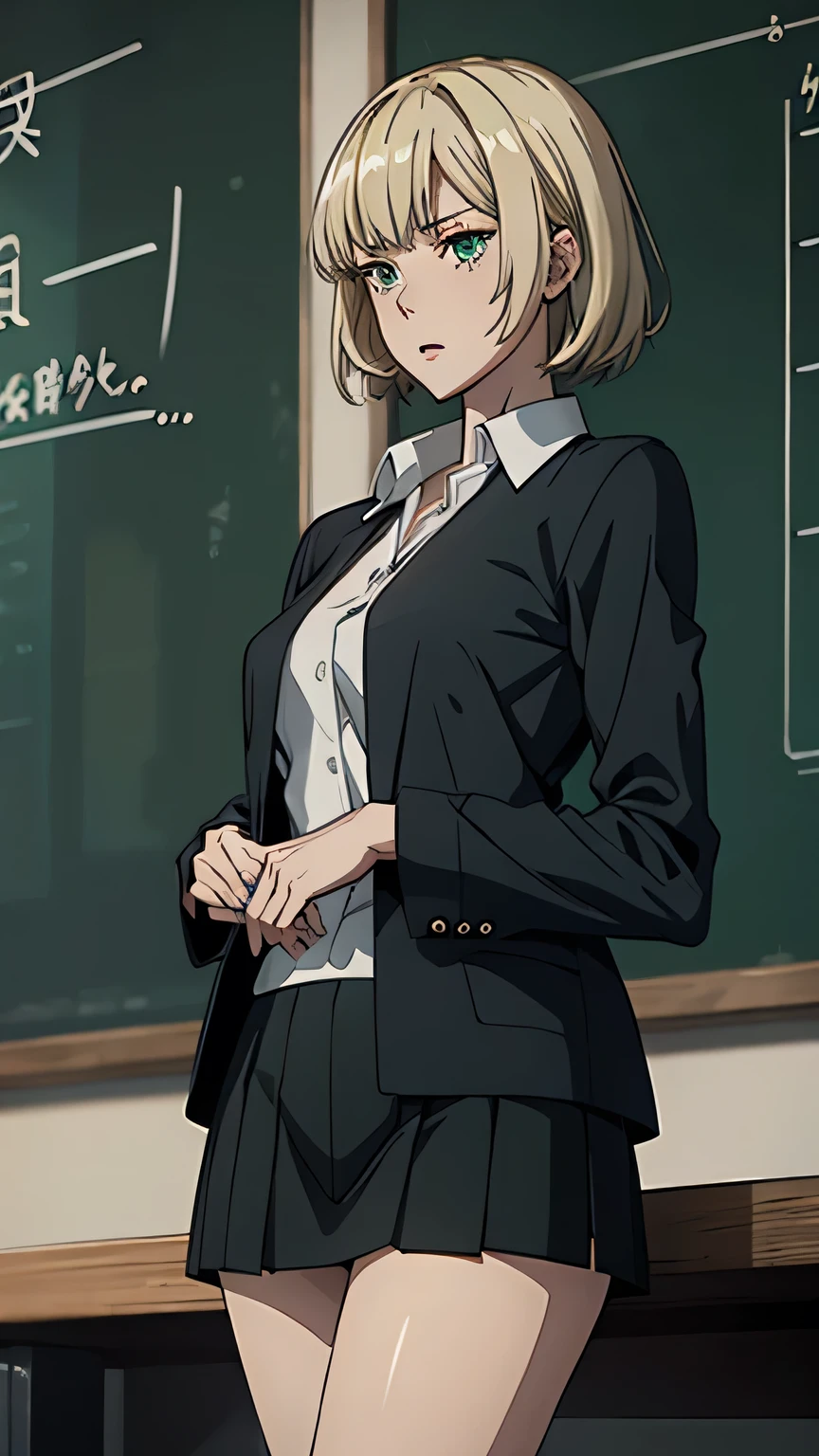 anime、 high image quality、 high definition 、 one woman、 slender figure、 with a wide open chest 、Standing beside a large blackboard、White short jacket、Black underwear、 Green Mini Skirt 、 relieved expression in the vineyard、University lecture scene、 with her hair fluttering like、old university auditorium、