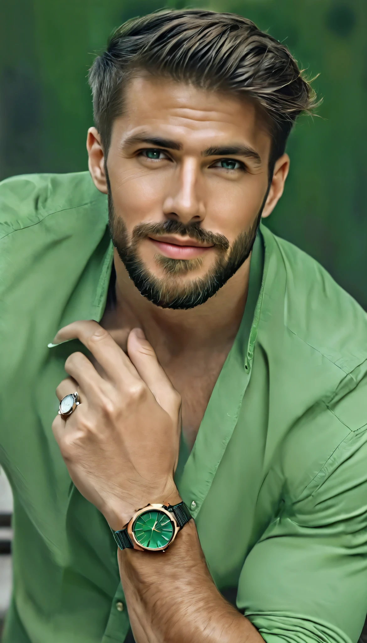 A European man with a beard and a watch on his wrist., Attractive Man, handsome and attractive, handsome male , Attractive Man, attractive and handsome face , handsome man, male and handsome, Beautiful face, perfect Beautiful face, Beautiful face and beautiful face, Wearing a watch, Handsome young man, extremely handsome, very Attractive Man with beard, good looking, attractive and handsome, modern haircut sexy pose , Anatomically Correct, sepiated photograph , light green shirt