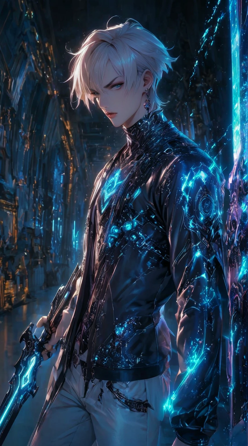 armed,weapon, holding weapon,stylish boy, beauty face, fantasy character, aura art, ethereal atomosphere,interface design, digital artwork, futuristic design, glow neon, glow button, inside futuristic rectangular frame, he fight with glowing sword, global illuminaton, energy burst from sword