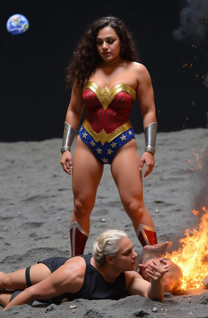 Beautiful wander woman,she wearing sexy wonderwoman dress,big Boob's,deep clevage kicking down a defeated a muscular older man , smoke and flames coming out of the man at a moon surface 