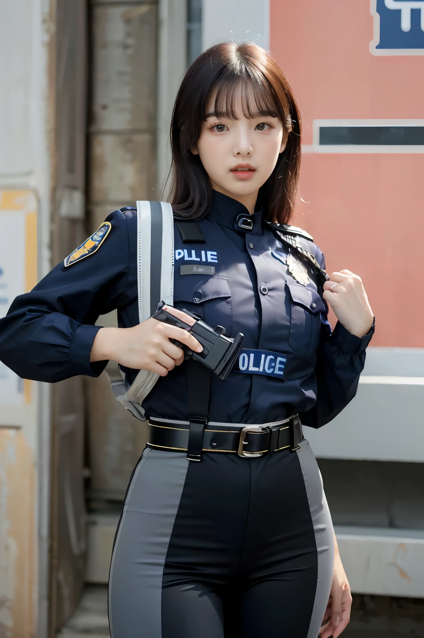 (Highest image quality, outstanding details, ultra-high resolution), (realism: 1.4), favor details, highly condensed 1 beautiful Korean girl, with a delicate and beautiful face, ((cowboy shot)), (a bit chubby:0.4), (wearing black racing suit likes police uniform, black and pink mecha pants, wearing military harness, holding a machinegun), background simple grey concrete,
