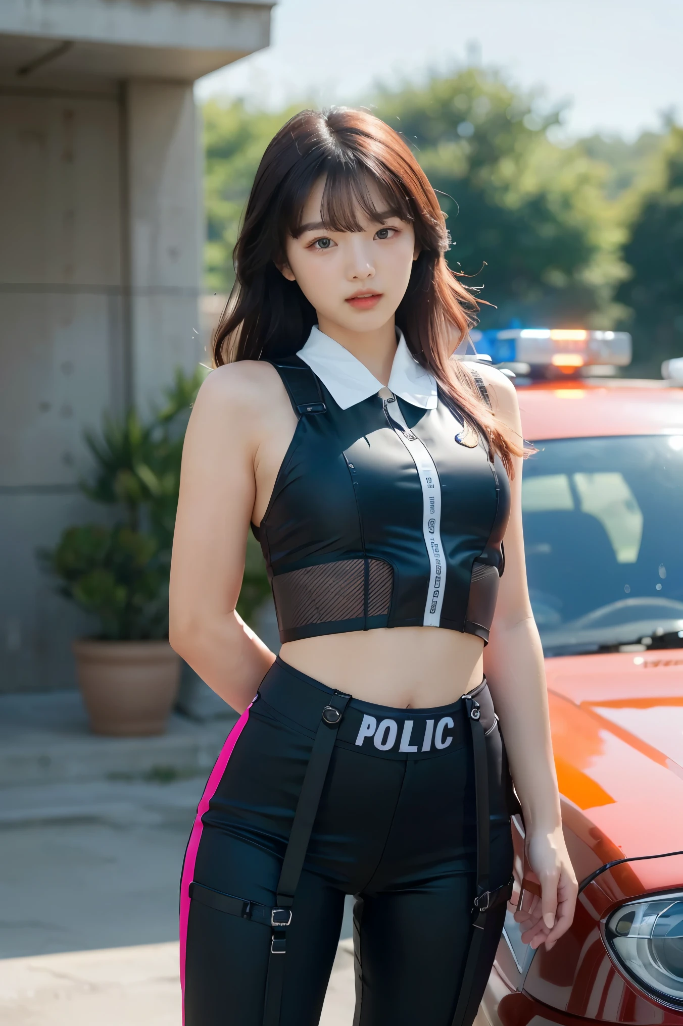 (Highest image quality, outstanding details, ultra-high resolution), (realism: 1.4), favor details, highly condensed 1 beautiful Korean girl, with a delicate and beautiful face, ((cowboy shot)), (a bit chubby:0.4), (wearing black racing suit likes police uniform, black and pink mecha pants, wearing military harness, holding a machinegun), background simple grey concrete,
