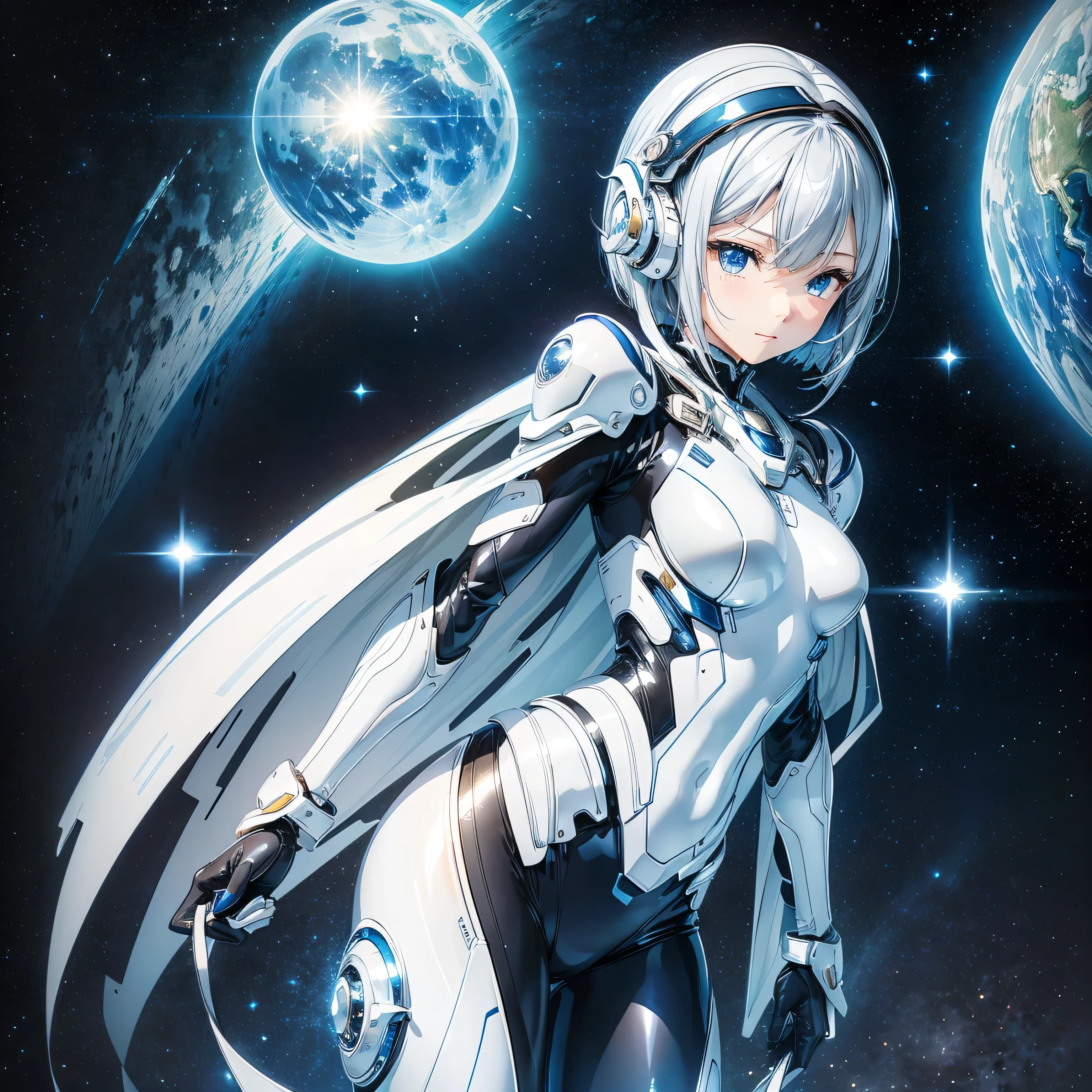 Highest quality,Highest Resolution,A beautiful android girl from the future who travels through space,Earth in the background,Milky Way,