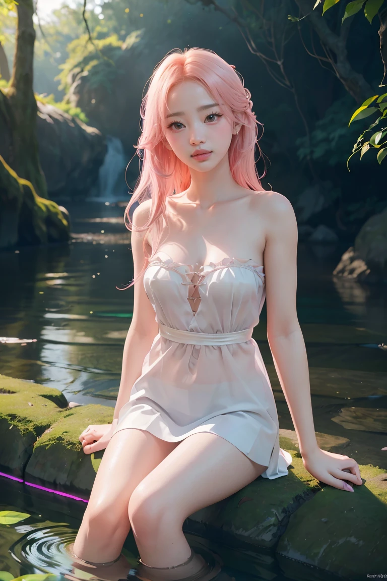 Rose from blackpink, pink hair, (full body), wearing medieval long cotton nightie clothes, sitting on a rock, feet in the water, Drenched hair, The background is a forest, sunset, (masterpiece, best quality, award winning, highres), skinny, intricate and beautiful design, highly detailed beautiful face, super detailed beautiful eyes, light smile, sitting near stream, forest, leaves flow, windy, sun lights through forest, fantasy art, dynamic lighting, cinematic lighting, hyper realistic, extremely CG detail, octane render, (artistic + masterpiece:1.4), (incredibly detailed eyes), (8k, Photorealistic, Photo RAW, Best quality: 1.4), (UHD), (Ultra high realism), (Ultra high definition), (Ultra high detail), (Realistic face), Beautiful hairstyle, Realistic bright amber eyes, Beautiful details, (Realistic skin), Pale, smooth and luminous skin with iridescent shine and no imperfections, Ultra high definition, Ultra realistic, Highly detailed, (Cleavage: 0.8)