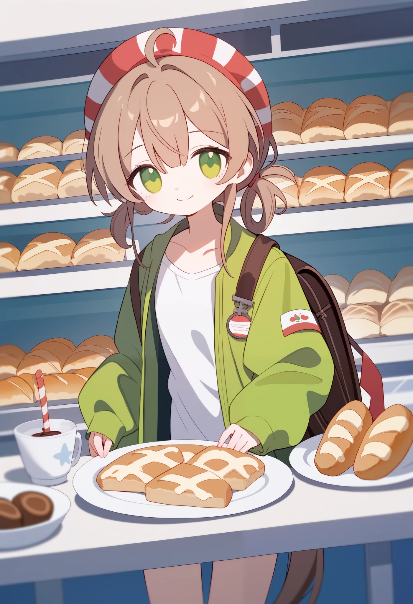 1 girl, BROWN PONY TAIL AROUND ME ,( brown hair ), green eyes ,Dark green jacket,Leisure, White Shirt ,bakery,温暖of橱窗,温暖of金色打光,Smile,白色Fraction_9,Fraction_8_up,Fraction_7_up,Expressive ,grade_of,(masterpiece, Best quality)
