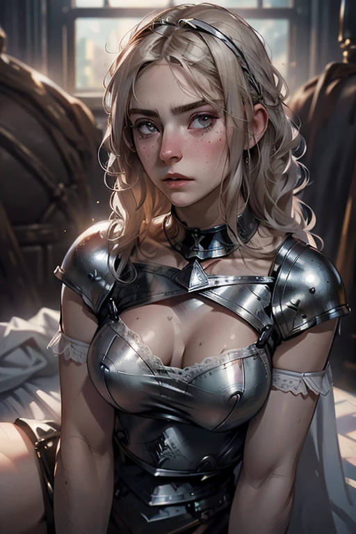 female paladin, long white hair, heavy armor, thick body, nipple_outline, heavy mascara, strong arms, sweaty, thin material shirt, light freckles, flushed, flushed face, embarrassed look, smokey mascara, damp, very short white cloth skirt, garter belt, leg armor, panties, very sweaty, ashamed look, see through shirt, thick_nipples, strained clothing, sweaty, wet, low beltline, full lips, leather corset, face, mature face, middle aged, ponytail, older face, middle aged, on knees, bukkake, tangled matted hair, bruised face,