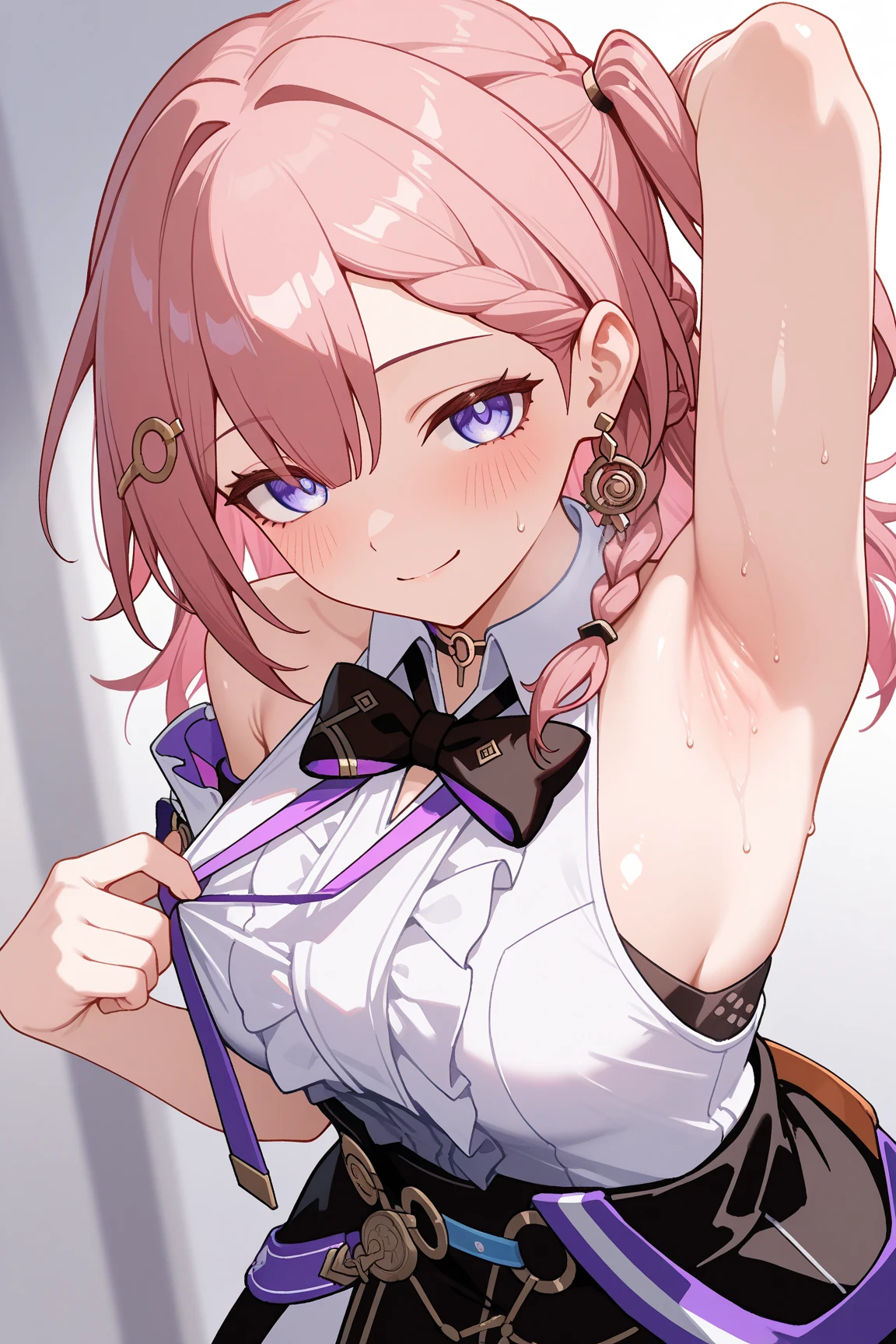 1girl, asta, honkai star rail, blush, seductive smile, sweat drop, leaning, looking at viewer, pulling side clothes, 1 hand behind head, show armpits, shiny skin,

Masterpiece, best quality, newest, intricate details, 