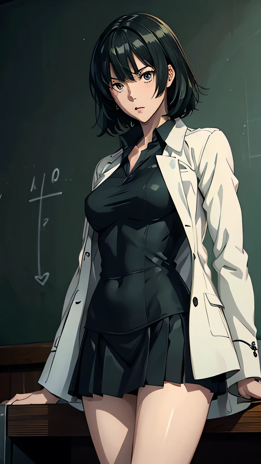 anime、 high image quality、 high definition 、 one woman、 slender figure、 with a wide open chest 、Standing beside a large blackboard、There are lots of mathematical equations written on the blackboard、 Relaxed posture 、Wearing a white coat、Black underwear、 Green Mini Skirt 、 rugged expression 、University lecture scene、 with her hair fluttering like、old university auditorium、