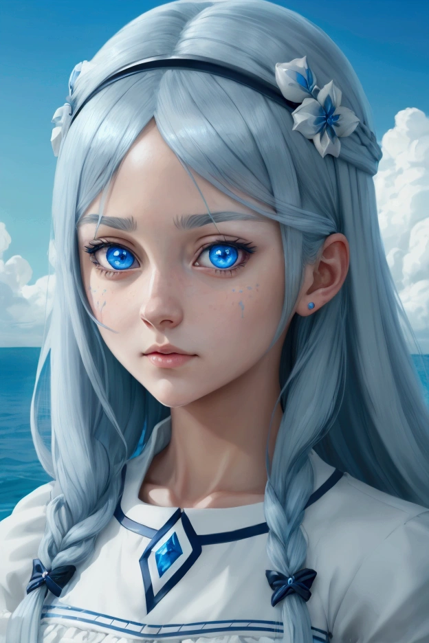 drawing of a woman with blue eyes and a headband,  Girl with white eyes , Pointed face and gray eyes, detailed Anime Girl Portrait,  awesome anime face portrait, Soft anime illustration , face animated portrait, detailed big eyes , portrait of an anime girl, Anime Girl Portrait,  soft face of detailed anime ,  big and detailed eyes , animated portrait,  detailed anime face ,  coloring detailed face with light blue colors and light blue eyes, hair with transparent water effect 3d 