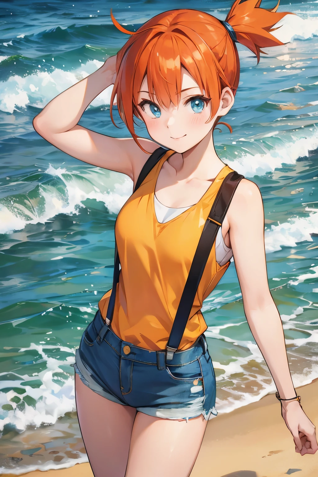 misty pokemon, short hair, orange hair, blue eyes, red suspenders, yellow shirt, denim cutoffs, orange hair, ponytail, smiling, standing, beach setting,leaning forward,nsfw,blush