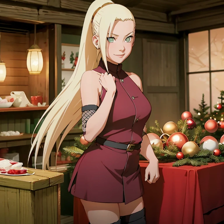 Yamanaka Ino from NARUTO, A Beautiful girl with a blonde pigtail hair girl, green eyes. As she celebrate Xmas by wearing her Xmas outfit as she smile while she looking at the viewer