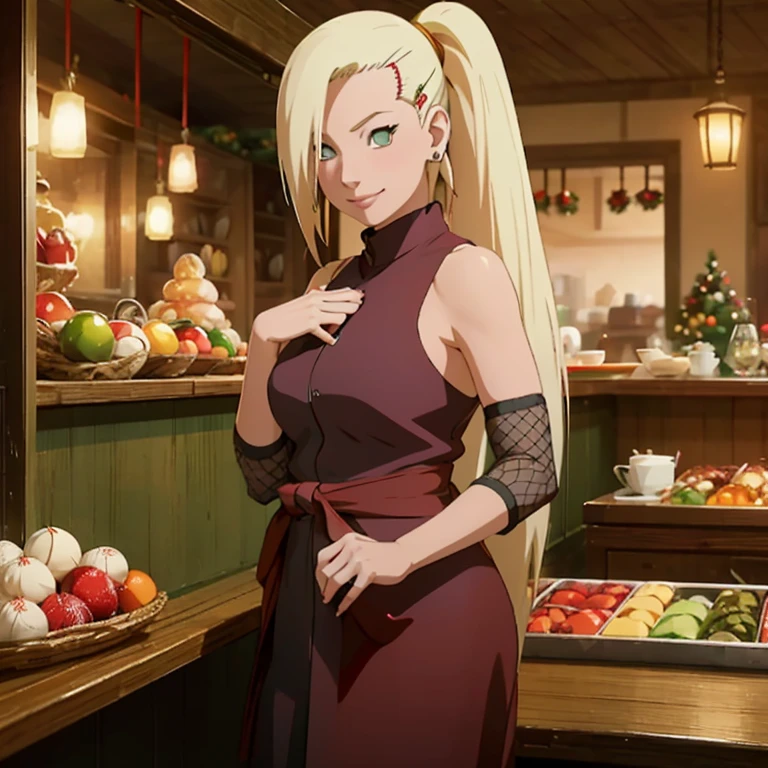 Yamanaka Ino from NARUTO, A Beautiful girl with a blonde pigtail hair girl, green eyes. As she celebrate Xmas by wearing her Xmas outfit as she smile while she looking at the viewer