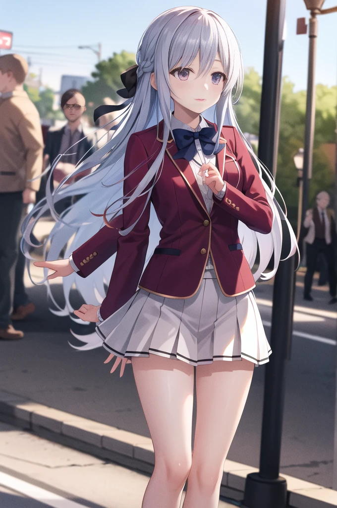   masterpieces in the background ,  best quality,  high definition , Shiina Hiyori ,  long hair,   hair bow ,  purple eyes, ,  blue bow tie,  red jacket,  blazer,  pleated skirt, White Skirt, Thigh length, street, walk,  cowboy shooting, wind