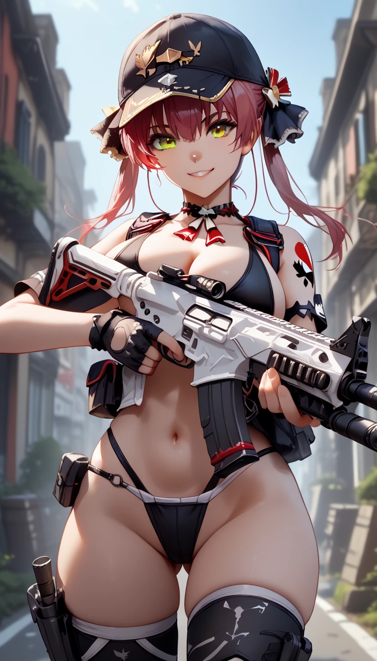 1girl, marine, Houshou Marine, Hololive, (best quality), ((masterpiece)), (highres), 16K, perfect face, yellow eyes, red eyes, long hair, twintails, wearing baseball cap, wearing tactical gear, wearing black thong, thighhighs, knee pads, busty body, large breasts and a beautiful ass, showcasing cleavage, legs, hips, (holding assault rifle), looking at viewer, smile, detailed body, thigh details, streets background