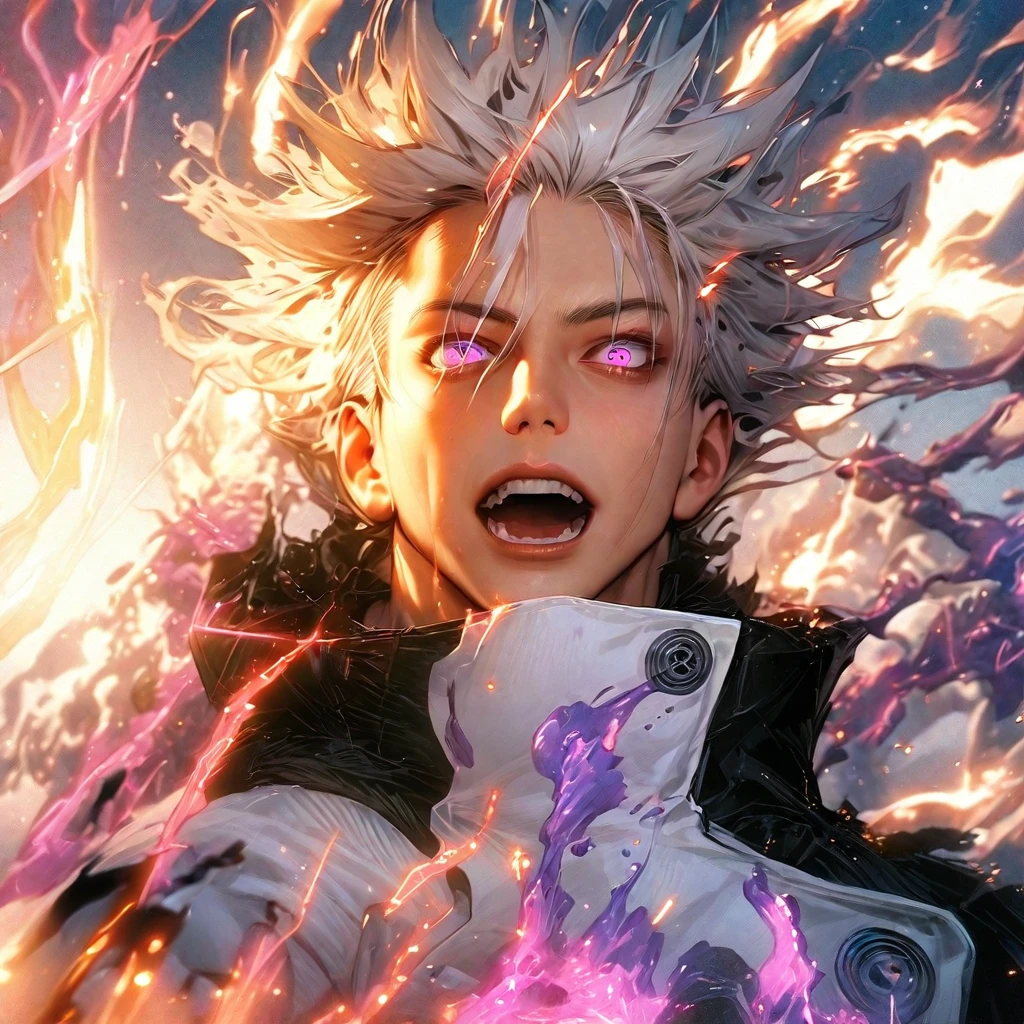 High quality, ultra realistic,absurdres, highres, ultra detailed, HDR, masterpiece, extremely detailed face and eyes,  Gojo satoru , jujutsu kaisen,, white hair ,black shirt , solo, ,man, handsome, ,white eyeleshes , Epic fight scene, purple splashing effect,purple lightning  effect,glowing glitters , 