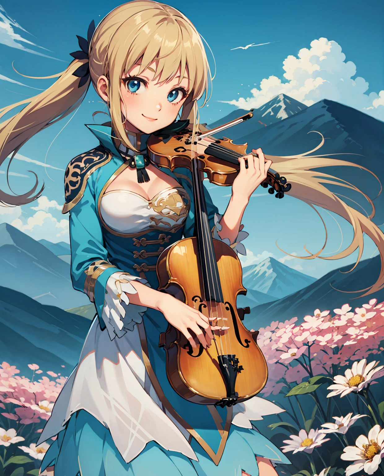 kawaii 1girl, violin playing, smile, slim, dress, outdoors, in nature, mountains,  grassfield, flowers, sky, floating hair,blue eyes