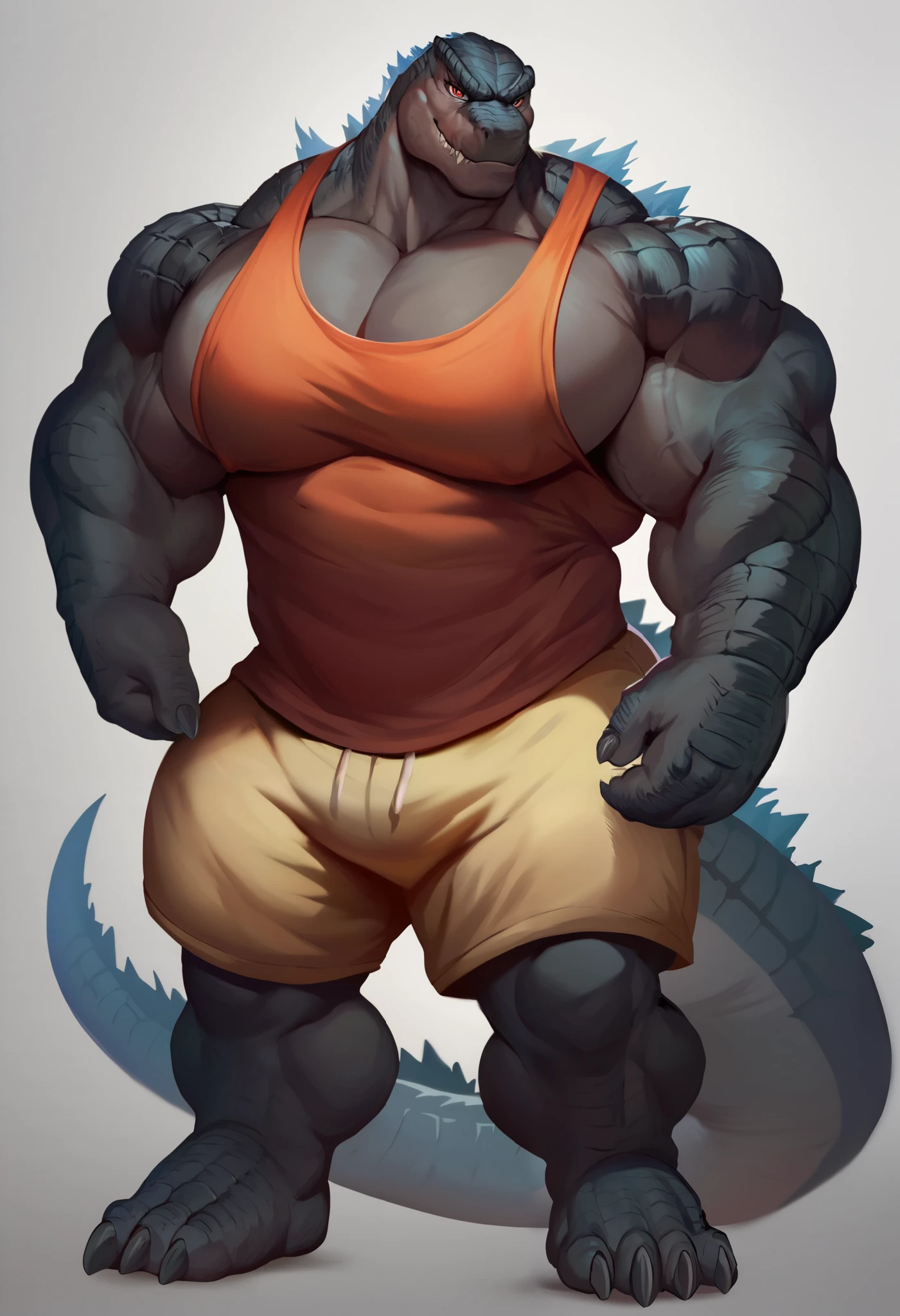 (male), solo standing (by honovy, by darkgem, by narse, by tojo the thief), (godzilla:1.2), fur, reptile, dinosaur, quality eyes, black scales, huge muscular frame, thick neck, broad shoulders. Wears a tank top and shorts that strain to contain his bulk. Has a cocky smirk on his reptilian face, anatomically correct, fluffy neck, (smile) ,looking at viewer, full body, big body, muscular anthro, big pecs, front view, (Zoroj)